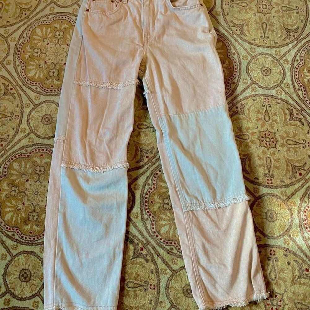 Pull and‎ Bear Jeans  color block, pink, and gray with fringe size 2
